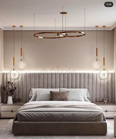 Modern upholstered platform bed with padded headboard