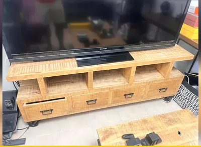 Solid Mango Wood TV Unit with Open Shelves and Drawers