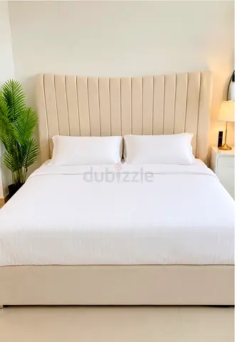 Beige King Bed with Tall Headboard and Mattress in Abu Dhabi Khalifa city
