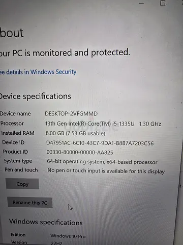 Lenovo thinkbook laptop - Intel i5-1335U, 8GB RAM, Windows 10 Pro (usable condition)
