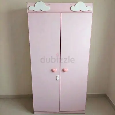 Pink Children's Wardrobe with Heart Handles and Cloud Decor