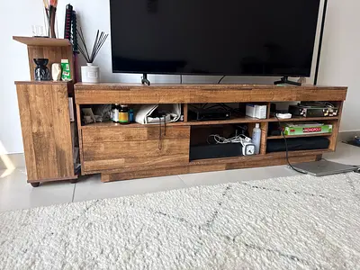 2-piece Wooden TV Entertainment Unit with Side Cabinet - Rustic Brown, Good Condition