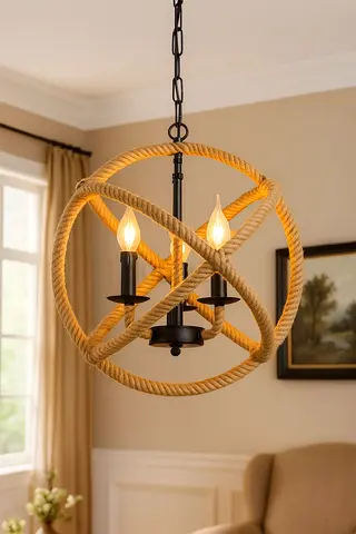 3-Light Rope Orb Pendant Chandelier - Rustic Coastal Style