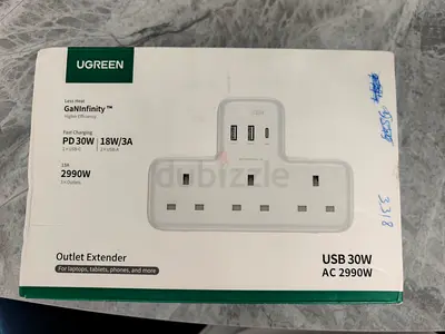 UGREEN 3-Outlet USB Power Strip with PD 30W (AC 2990W) — New/Boxed