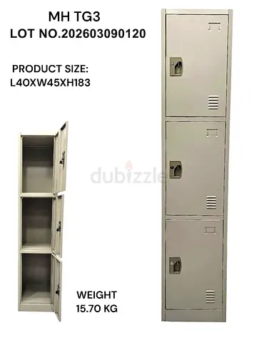 Used 3-Tier Metal Locker Cabinet — Steel Storage Lockers (L40 x W45 x H183 cm)