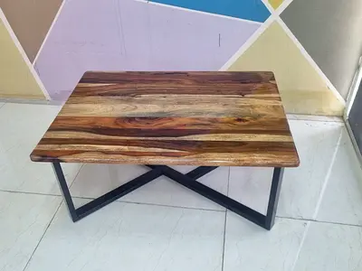 Solid Sheesham Wood Coffee Table with Metal X-Base