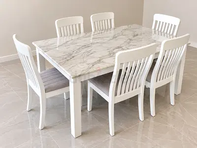 White 6-Seater Dining Table with Marble-Effect Top and Chairs