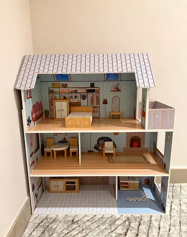 Wooden 3-Storey Dollhouse with Furniture - Good Condition