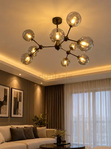Modern Glass Globe Sputnik Ceiling Light Fixture - 9 Arm Chandelier