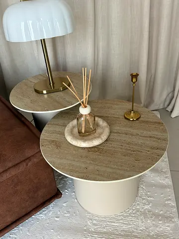 Pair of round marble-top side tables with cream base
