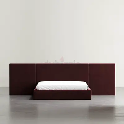 Modern low-profile upholstered platform bed with extended headboard panels