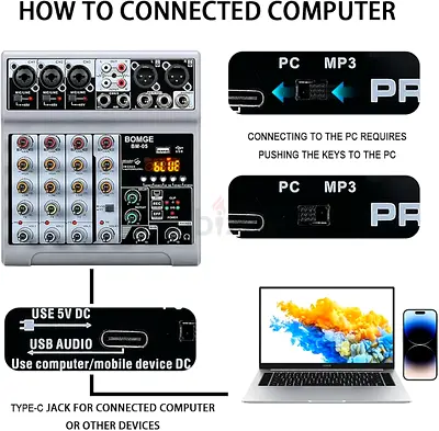 BOMGE Audio Mixer, Sound Board Mixing Console with 5 Channel Digital USB Bluetooth Echo Delay Effect