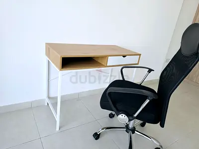 Compact study desk with single drawer and white metal legs and chair