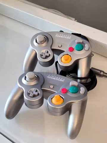 Pair of Silver Nintendo GameCube Controllers (Wired) - Good Working Condition