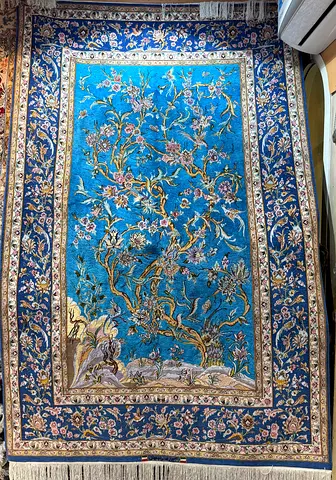 Handmade Persian-style blue floral area rug , Esfahan 80% silk and 20% wool , tree of life ,size 2X3