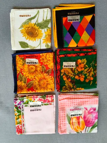 Vintage Renoma Paris Handkerchiefs Lot 6 Japan Floral Abstract Flowers Stickers