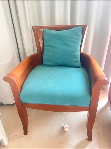 Solid Wood Armchair with Teal Upholstery and Cushion