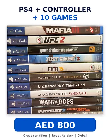 PS4 console bundle with controller + 10 games — ready to play (Dubai)