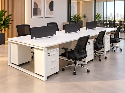 Modern White 6 Person Office Workstation – Face to Face Office Desk with Drawers