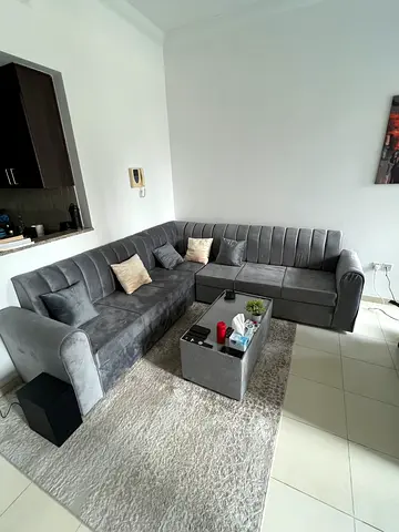L-Shape Sofa with 6 small cushions + matching coffee table