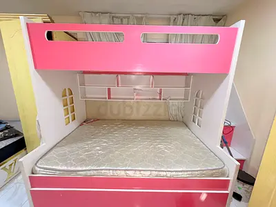 Bunk-style kids double bed with mattress — white & pink with 2 mattress