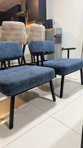 Pair of Modern Blue Upholstered Lounge Chairs with Metal Legs