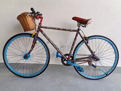 Single-speed vintage-style city bike with front basket, brown & blue
