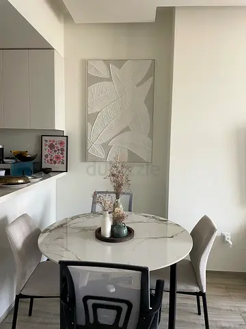 Round Marble-Style Dining Table with 2 Grey Chairs - Excellent Condition