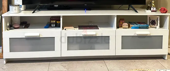 White TV Entertainment Unit with 3 Storage Drawers - Good Condition