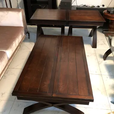Set of 3 coffee tables, dark brown, one is extendible, VGC