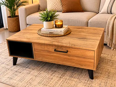 Wooden Coffee Table with Storage Drawer and Open Shelf