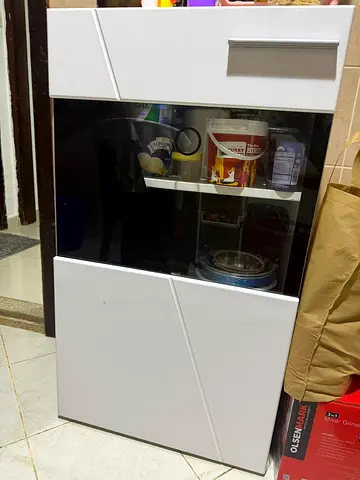Compact white kitchen cabinet with glass display - good condition