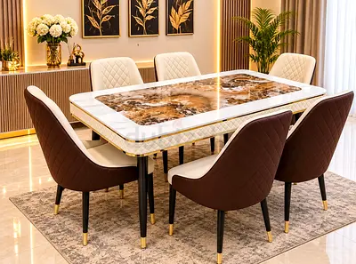 Modern 6-Seater Marble Top Dining Table with Upholstered Chairs