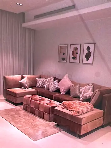L-shaped velvet sectional sofa with ottoman — beige/taupe, excellent condition
