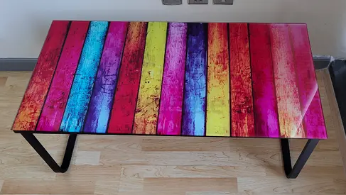 Colorful Glass-Top Coffee Table with Metal Frame