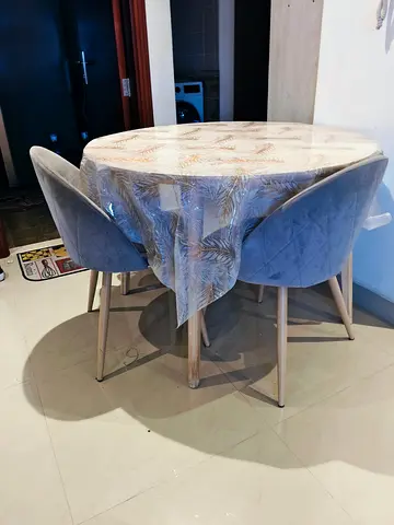 Round Dining Table with 4 Upholstered Chairs - Light Wood & Grey Velvet