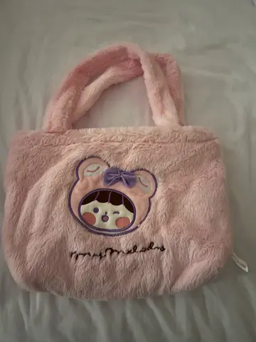 Soft Pink Plush Kids Tote Bag with Bear Patch