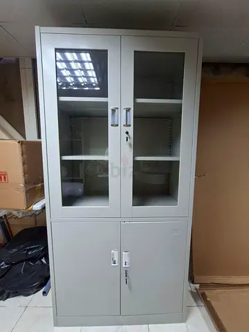 Metal Storage Cabinet with Glass Display Top and Lockable Doors