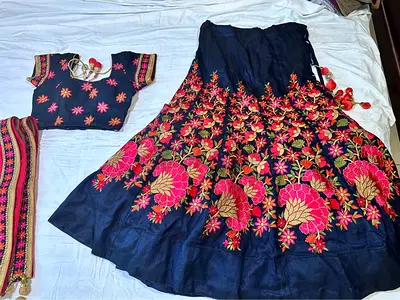 Navy blue embroidered lehenga skirt with matching blouse and dupatta - size M to XL