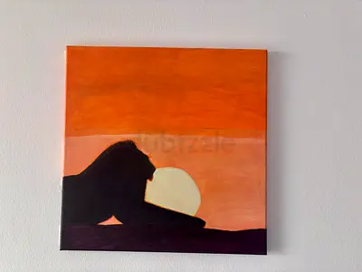 Original Sunset Lion Silhouette Painting on Canvas