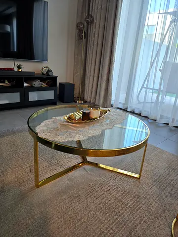 Round Glass Center Table with Gold Metal Frame - Modern