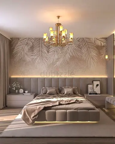 Modern neutral master bedroom bed with upholstered headboard