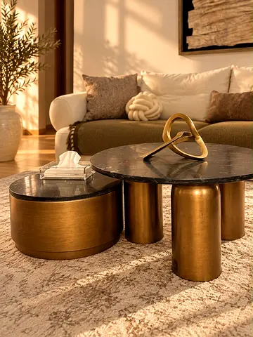 Set of 2 Modern Gold & Black Marble Coffee Tables