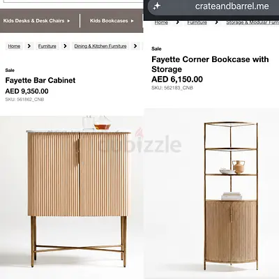 Crate and Barrel Fayette Bar Cabinet / Corner Bookcase with Storage - Light Wood fluted Finish
