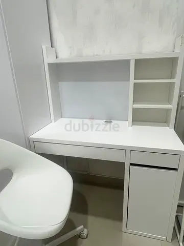 White Desk with Shelves and Drawer and coming with matching white chair adjustable hieght