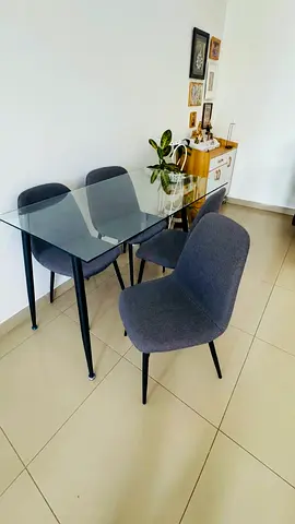 Glass Top Dining Table with 4 Grey Fabric Chairs