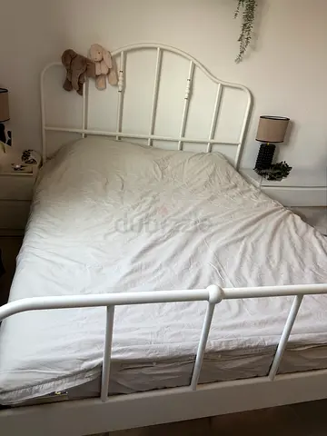 IKEA White metal double bed frame with headboard and footboard