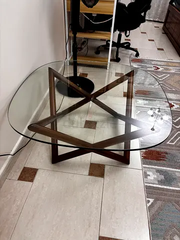 Glass Top Dining Table with Wooden X-Base - Good Condition