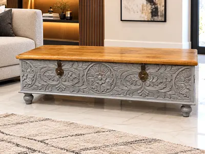 Wooden Carved Storage Coffee Table - Rustic Grey Base, Natural Top