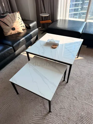 Set of 2 White Marble Effect Side Tables with Black Legs